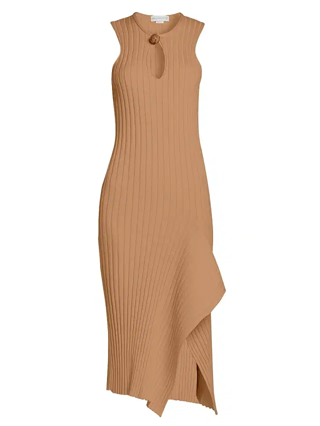 Stella McCartney Women's Asymmetric Rib-Knit Cotton Midi-Dress - Caramel