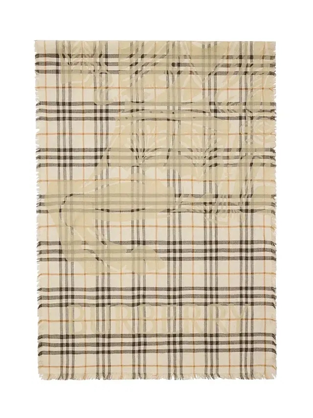Burberry Women's Checked EKD Logo Wool-Silk Scarf - Pebble White