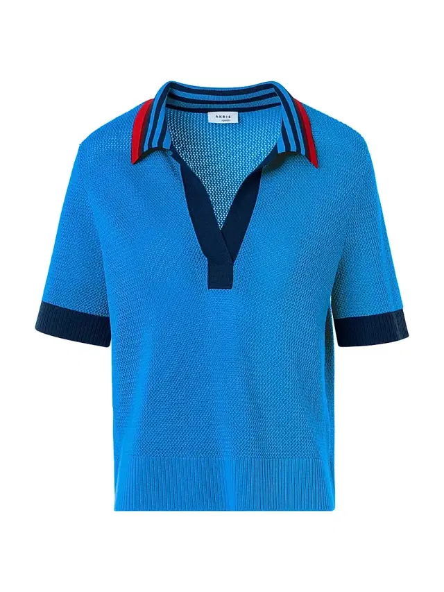 Akris punto Women's Tipped Wool Polo Top - Cobalt Blue Multi