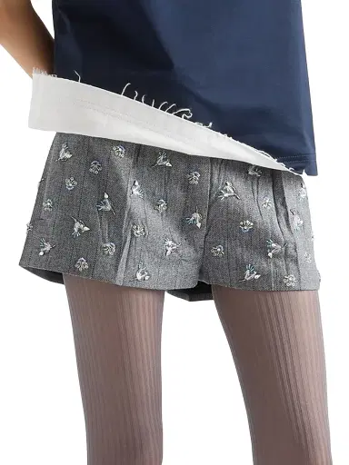 Prada Women's Embroidered Wool Pinstripe Shorts - Grey | Thumbnail 3
