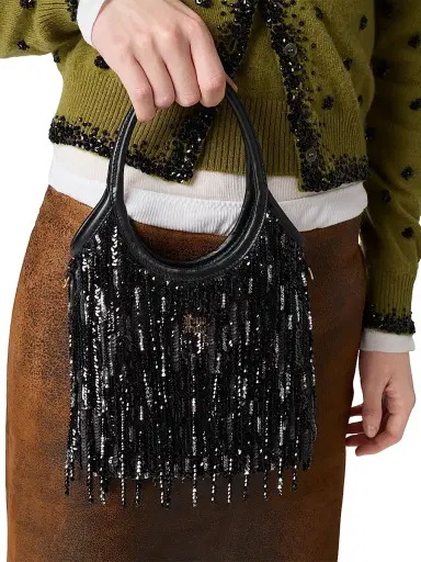 Miu Miu Women's Ivy Satin Top Handle Handbag with Crystal and Sequin Fringe - Black | Thumbnail 3