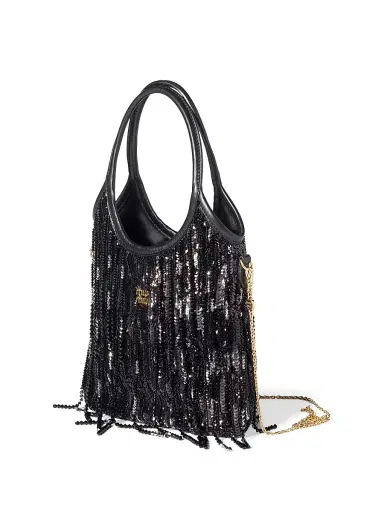Miu Miu Women's Ivy Satin Top Handle Handbag with Crystal and Sequin Fringe - Black | Thumbnail 5