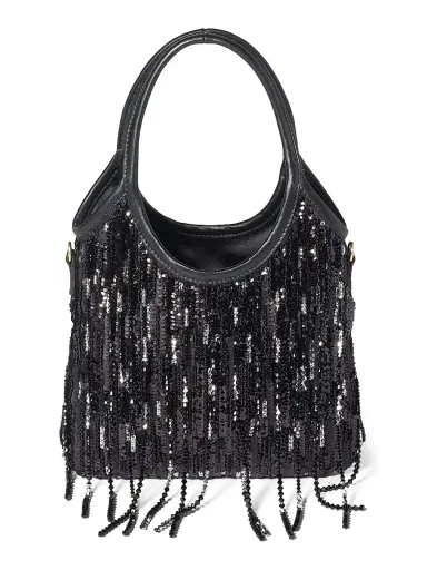 Miu Miu Women's Ivy Satin Top Handle Handbag with Crystal and Sequin Fringe - Black | Thumbnail 6