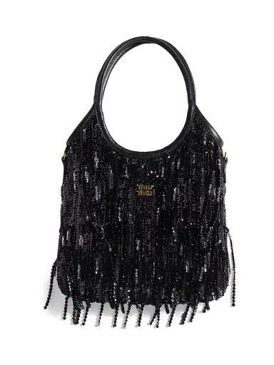 Miu Miu Women's Ivy Satin Top Handle Handbag with Crystal and Sequin Fringe - Black | Thumbnail 1