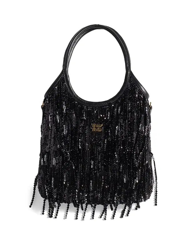 Miu Miu Women's Ivy Satin Top Handle Handbag with Crystal and Sequin Fringe - Black