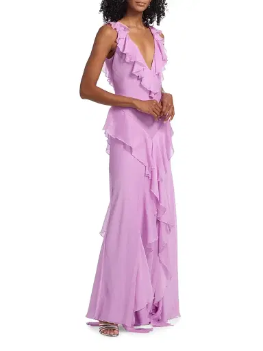 AMUR Women's Estella Ruffled Chiffon Bias-Cut Gown - Pink Dolphin | Thumbnail 4
