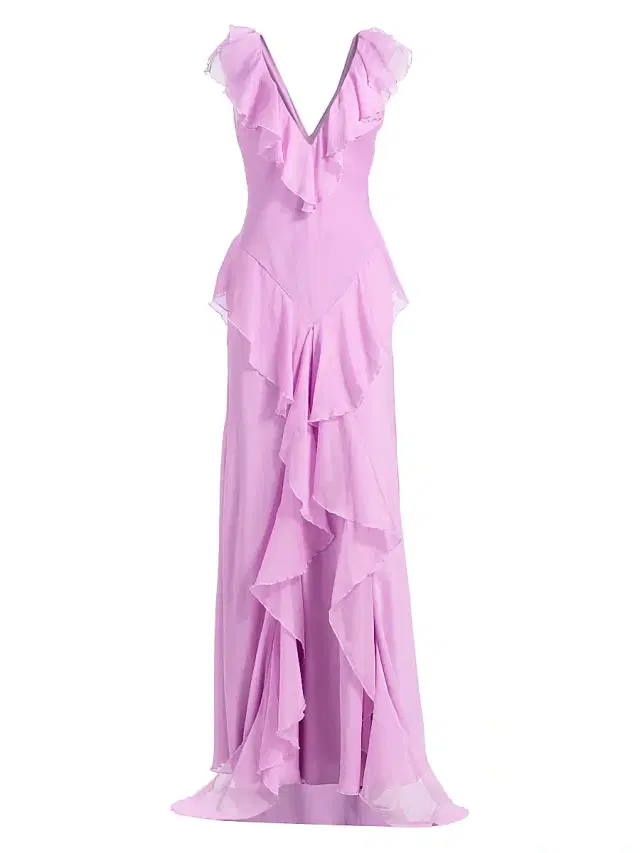 AMUR Women's Estella Ruffled Chiffon Bias-Cut Gown - Pink Dolphin