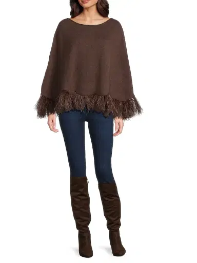 Carolyn Rowan Collection Women's Feather-Trim Cashmere Poncho - Chocolate Brown | Thumbnail 2 Carolyn Rowan Collection Women's Feather-Trim Cashmere Poncho - Chocolate Brown | Thumbnail 2