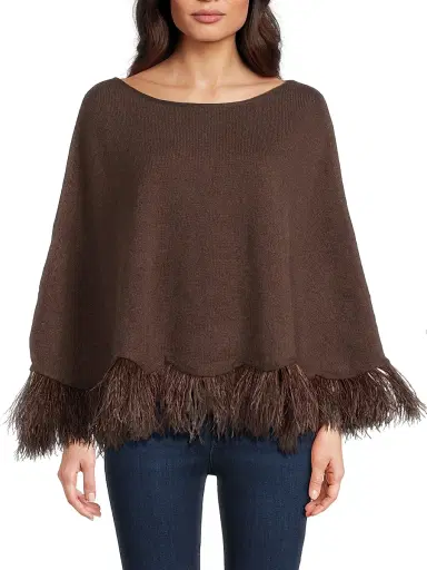 Carolyn Rowan Collection Women's Feather-Trim Cashmere Poncho - Chocolate Brown | Thumbnail 3 Carolyn Rowan Collection Women's Feather-Trim Cashmere Poncho - Chocolate Brown | Thumbnail 3