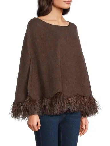 Carolyn Rowan Collection Women's Feather-Trim Cashmere Poncho - Chocolate Brown | Thumbnail 4 Carolyn Rowan Collection Women's Feather-Trim Cashmere Poncho - Chocolate Brown | Thumbnail 4