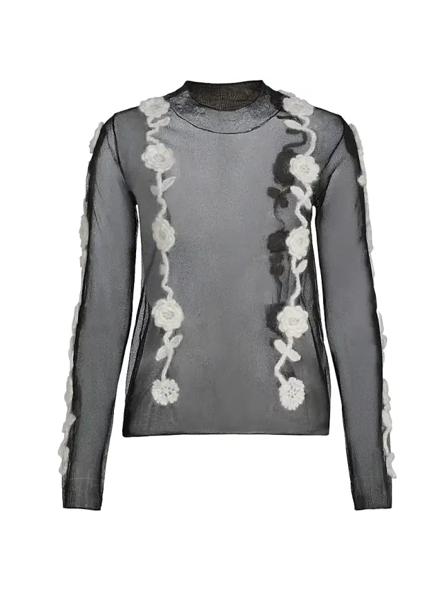 Ganni Women's Crochet Flower Appliqué Mesh Knit Top - Black