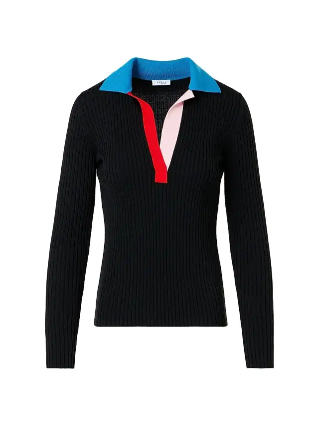 Akris punto Women's Colorblocked Wool Rib-Knit Polo Top - Black Multi