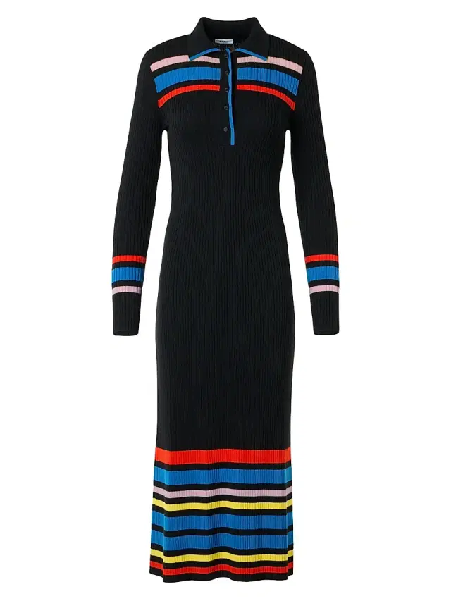 Akris punto Women's Colorblocked Stripe Rib-Knit Polo Dress - Black Multicolor