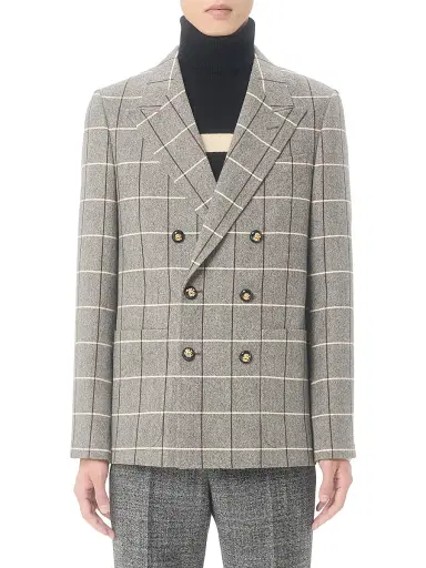 Valentino Garavani Men's Double-Breasted Wool Jacket with Check Pattern - Grey - Size 42 | Thumbnail 2