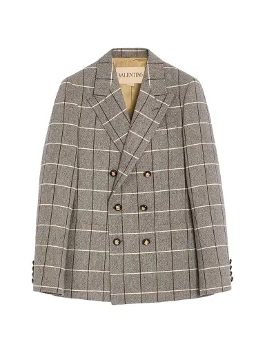 Valentino Garavani Men's Double-Breasted Wool Jacket with Check Pattern - Grey - Size 42 | Thumbnail 1