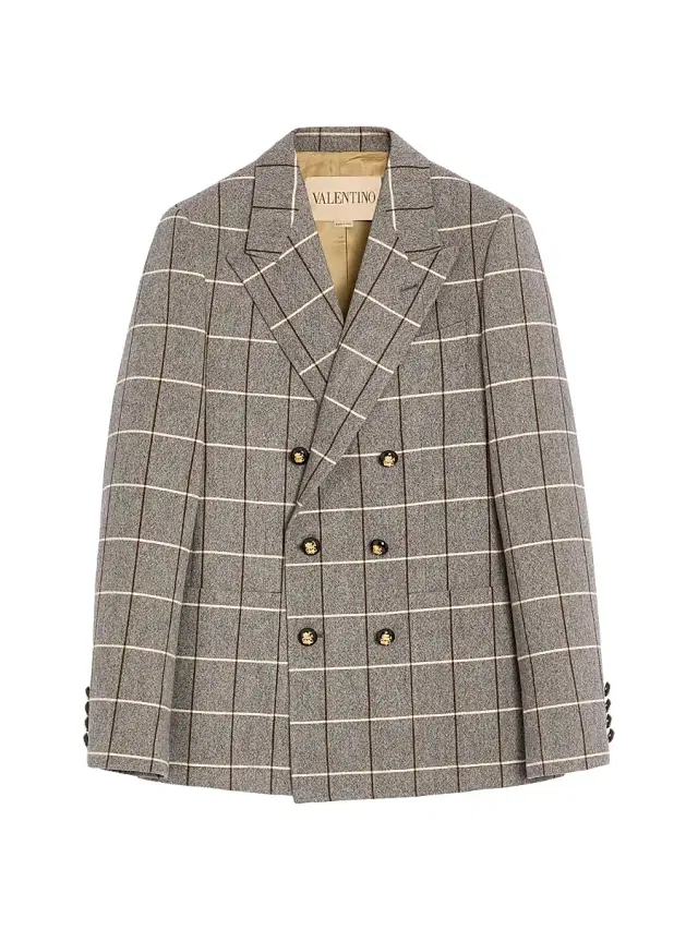 Men's Double-Breasted Wool Jacket with Check Pattern - Grey