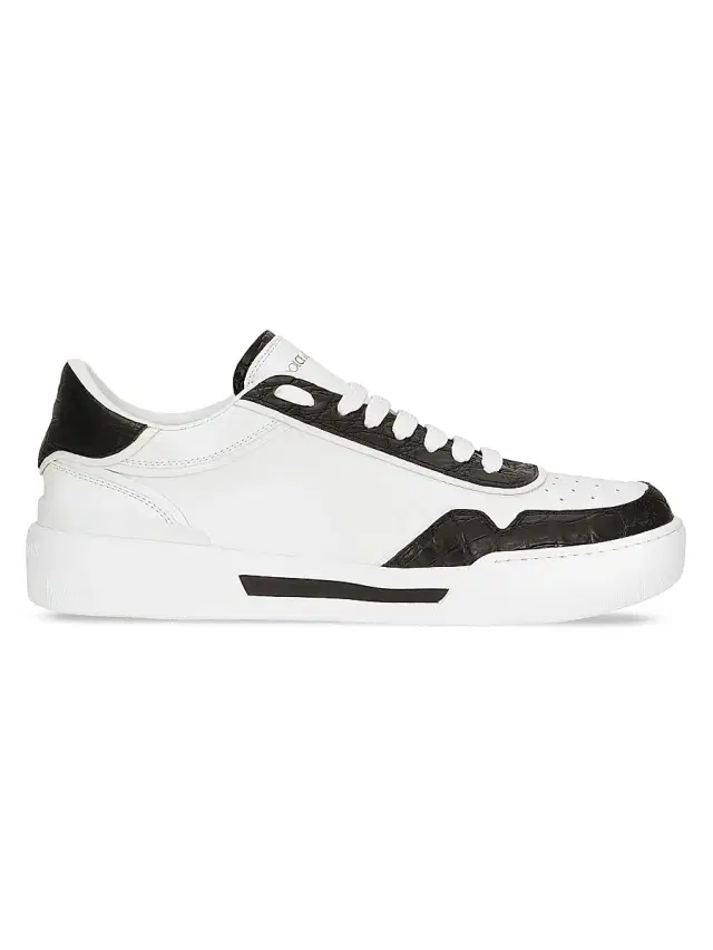 Men's New Roma Crocodile-Embossed Leather Low-Top Sneakers - Bianco Nero