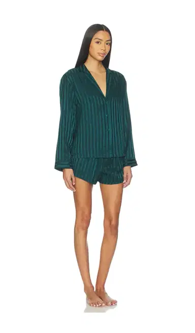 LUNYA Washable Silk Striped Jacquard Button Up Long Sleeve Short Set | Thumbnail 2