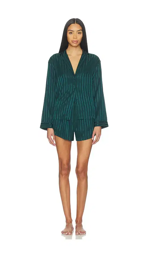 Washable Silk Striped Jacquard Button Up Long Sleeve Short Set