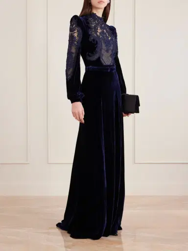 Costarellos Belted Lace-paneled Velvet Gown | Thumbnail 2