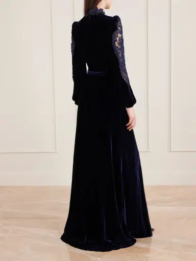 Costarellos Belted Lace-paneled Velvet Gown | Thumbnail 3