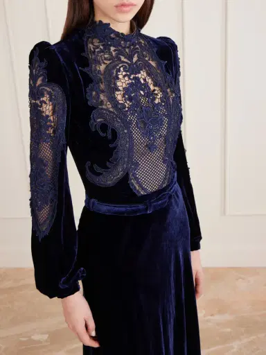 Costarellos Belted Lace-paneled Velvet Gown | Thumbnail 4