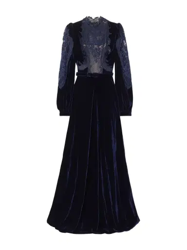 Costarellos Belted Lace-paneled Velvet Gown | Thumbnail 1