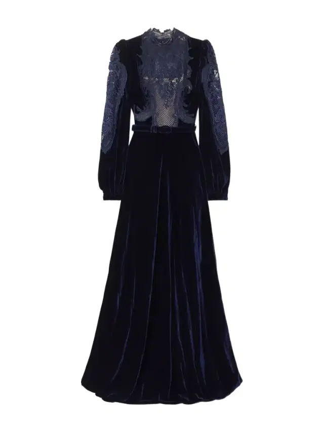 Belted Lace-paneled Velvet Gown