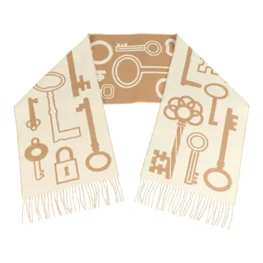 HERMÈS Hermes Casaque "Echarpe Porte-Clefs" Camel, White and Beige Muffler Cashmere Scarf | Thumbnail 1 HERMÈS Hermes Casaque "Echarpe Porte-Clefs" Camel, White and Beige Muffler Cashmere Scarf | Thumbnail 1