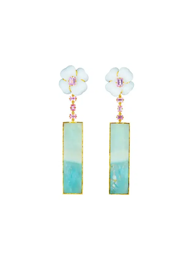 Blue Aquamarine Earrings on White Agate Flower with Pink Sapphires