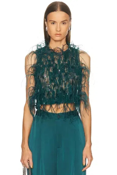 LaPointe Cascading Feather Emb Cropped Tank Top | Thumbnail 1