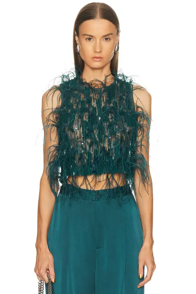 LaPointe Cascading Feather Emb Cropped Tank Top