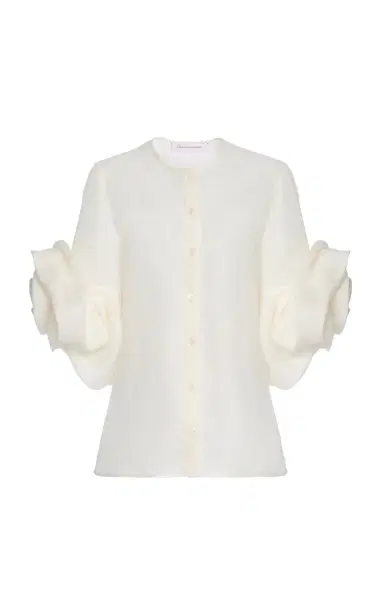 Carolina Herrera Flower-Sleeve Textured Gazar Shirt | Thumbnail 5