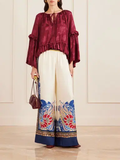 La DoubleJ Boho Asymmetric Ruffled Satin-jacquard Blouse | Thumbnail 2