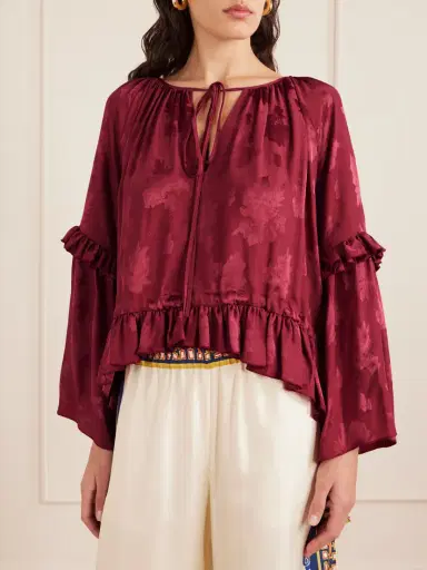 La DoubleJ Boho Asymmetric Ruffled Satin-jacquard Blouse | Thumbnail 3