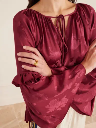 La DoubleJ Boho Asymmetric Ruffled Satin-jacquard Blouse | Thumbnail 5