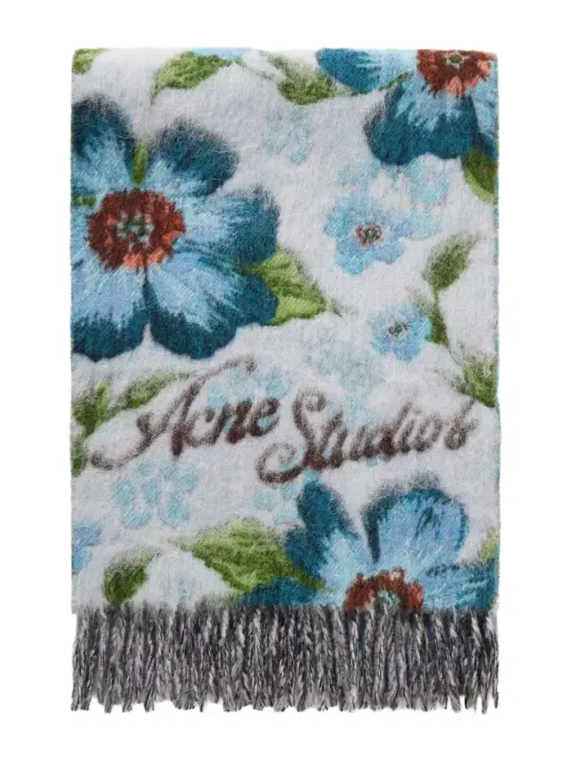 Fringed Appliquéd Floral-print Brushed Wool-blend Scarf