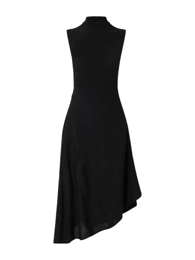 Asymmetric Ribbed Wool Turtleneck Midi Dress