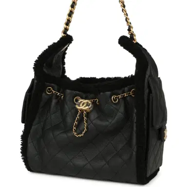 Chanel Chanel Small 25 Hobo Bag Black Crumpled Sheepskin and Shearling Antique Gold Hardware | Thumbnail 5