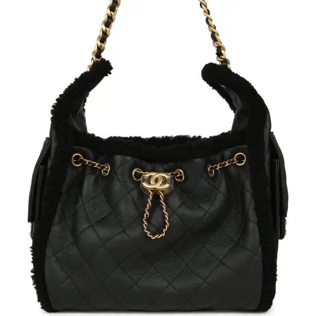 Chanel Chanel Small 25 Hobo Bag Black Crumpled Sheepskin and Shearling Antique Gold Hardware