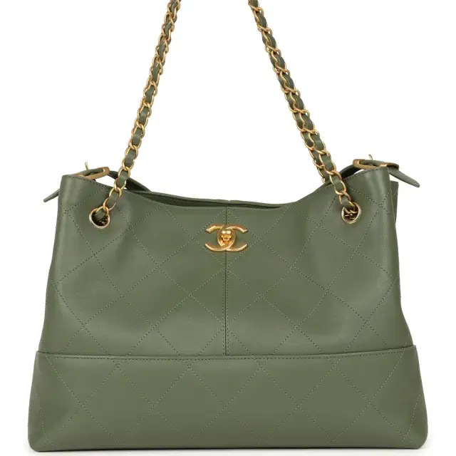 Chanel Small Coco Hobo Bag Khaki Calfskin Antique Gold Hardware