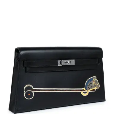 HERMÈS Hermes Kelly Elan "Cheval De Bois" Black and Multi Tadelakt Palladium Hardware | Thumbnail 2