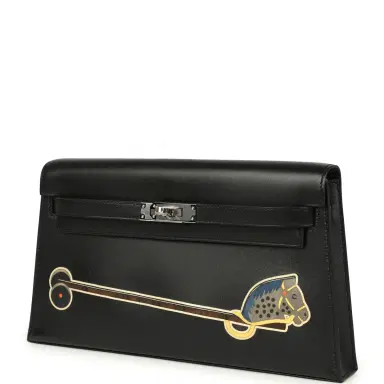 HERMÈS Hermes Kelly Elan "Cheval De Bois" Black and Multi Tadelakt Palladium Hardware | Thumbnail 5