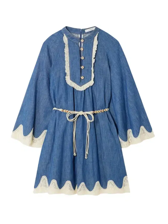 Awaken Belted Lace-trimmed Denim Mini Dress