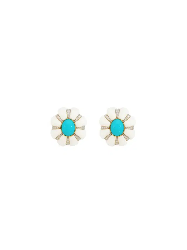17.122ct Turquoise White Opal Diamond 18K Gold Stud Earrings
