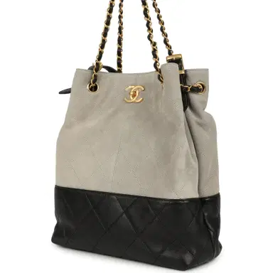 Chanel Chanel Coco Shopping Bag Dark Grey Suede and Black Shiny Lambskin Brushed Gold Hardware | Thumbnail 5