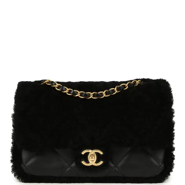 Chanel Chanel Medium Shearling Flap Bag Black Lambskin Brushed Gold Hardware
