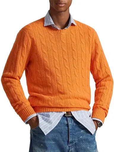 Polo Ralph Lauren Men's Cable-Knit Cashmere Crewneck Sweater - Lantana Orange | Thumbnail 3 Polo Ralph Lauren Men's Cable-Knit Cashmere Crewneck Sweater - Lantana Orange | Thumbnail 3