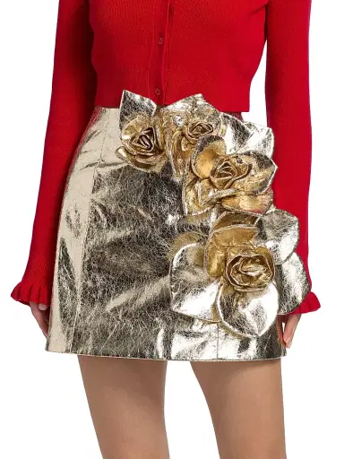 Aknvas Women's Aksel Rose-Embellished Metallic A-Line Miniskirt - Gold Hammered Leather | Thumbnail 3