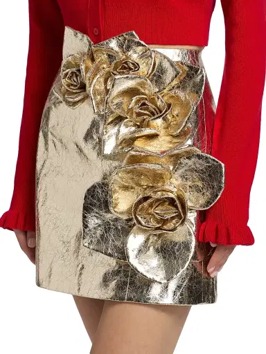 Aknvas Women's Aksel Rose-Embellished Metallic A-Line Miniskirt - Gold Hammered Leather | Thumbnail 6